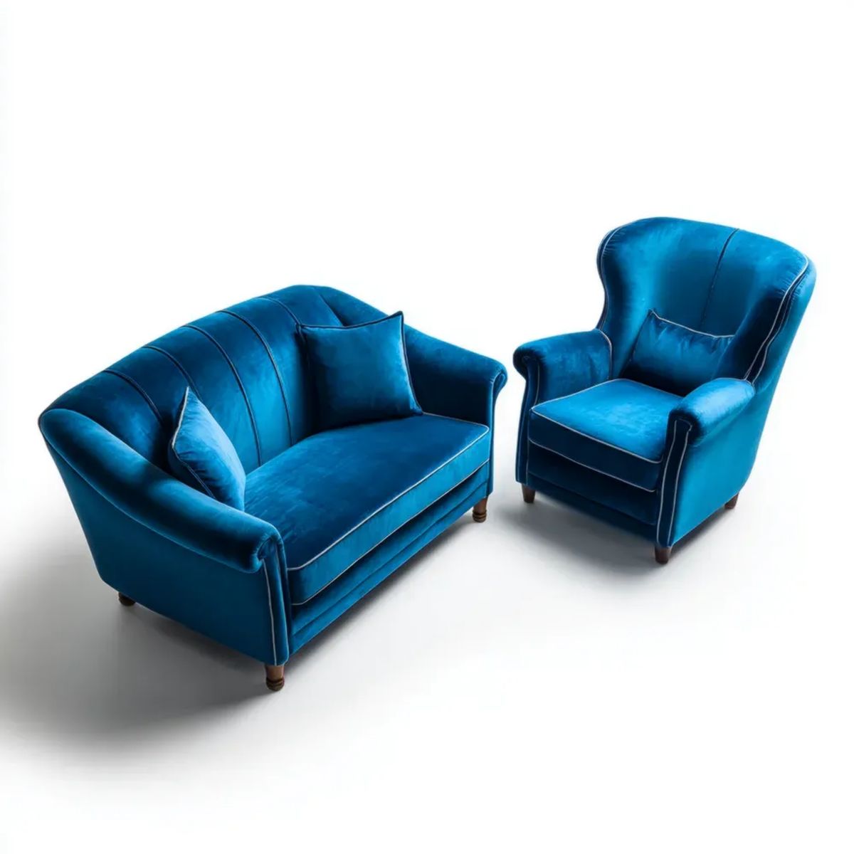 Zestaw wypoczynkowy: sofa 2-osobowa 168 x 88 x 92 cm i fotel uszak 86 x 88 x 108 cm, niebieski welur