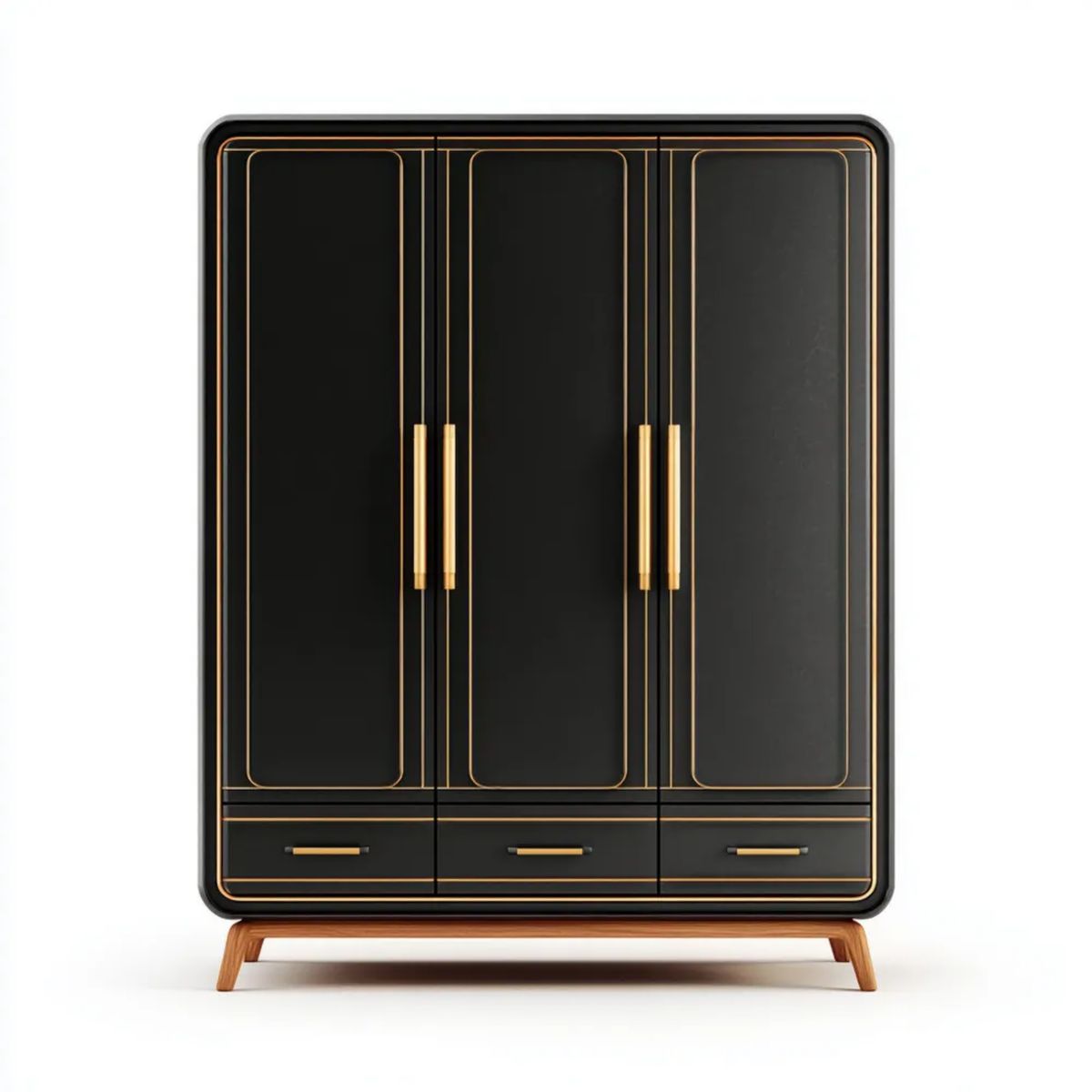 Czarna szafa 3-drzwiowa z płyty MDF 150 × 60 × 200 cm ze złotymi detalami